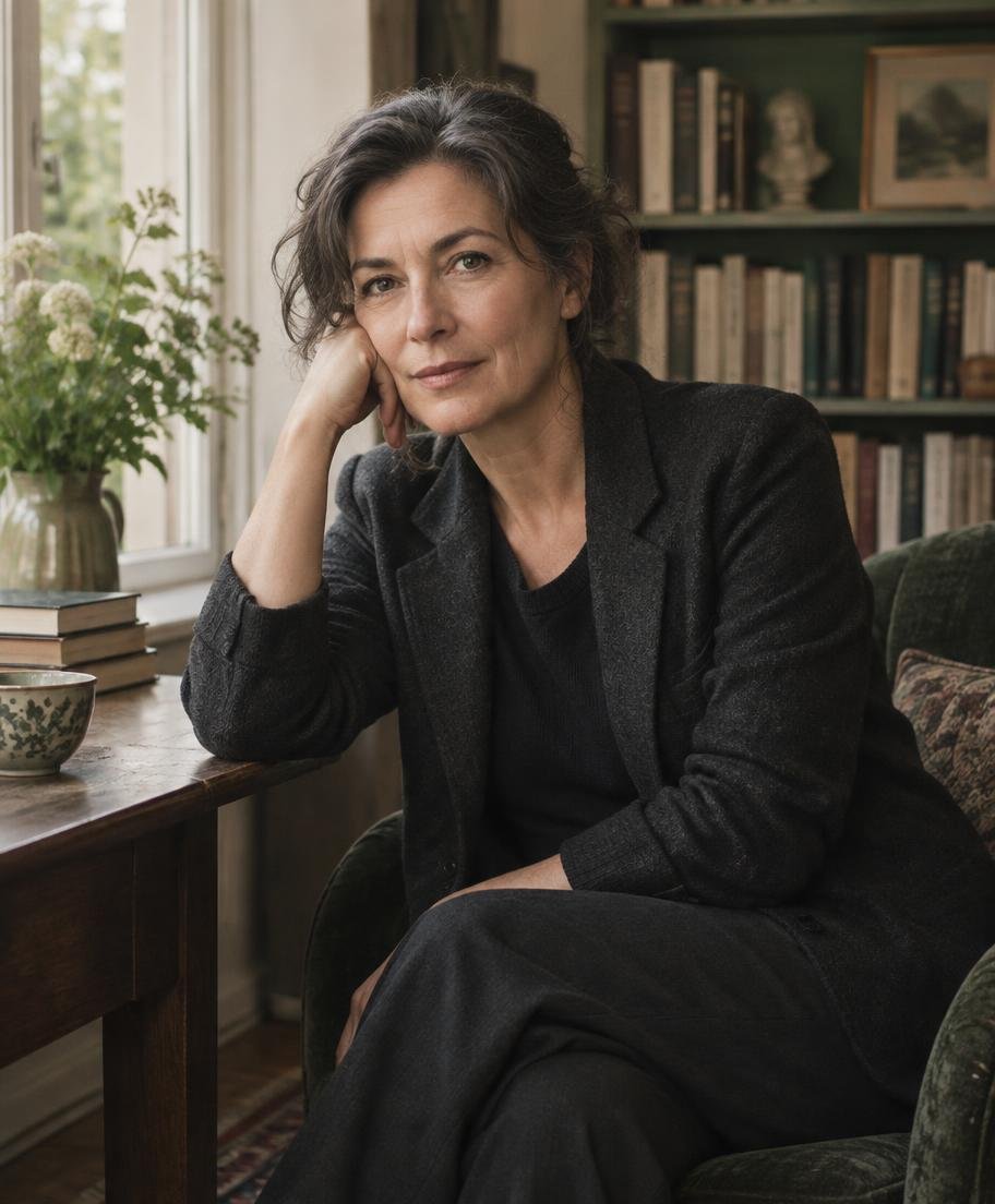 Portrait of novelist Elena Marin seated beside a window