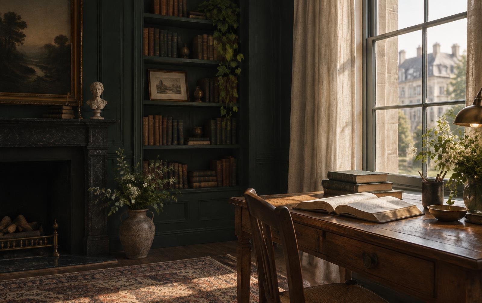 A sunlit reading room with a chair and stacked books